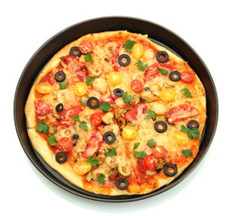 Delicious pizza with seafood in the frying pan isolated on