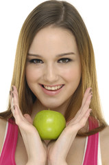 Close up healthy young girl with fresh green apple