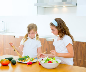 Beautiful chef sisters at home kitchen preparing salad