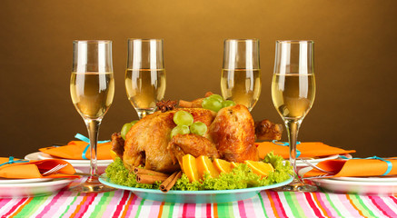 banquet table with roast chicken