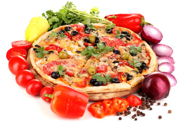 Delicious pizza with ingredients around isolated on white