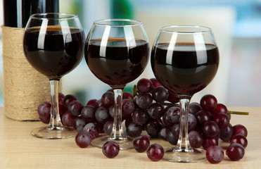Red wine in glass on room background
