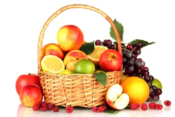 Crédence de cuisine en verre imprimé Fruits Assortment of exotic fruits in basket, isolated on white