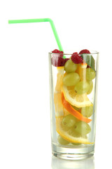 transparent glass with citrus fruits, isolated on white