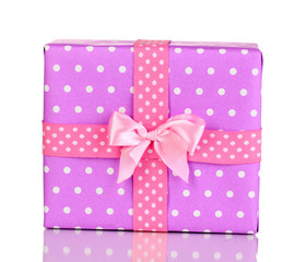 Colorful purple gift with bow isolated on white