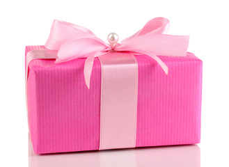 Colorful pink gift with bow isolated on white