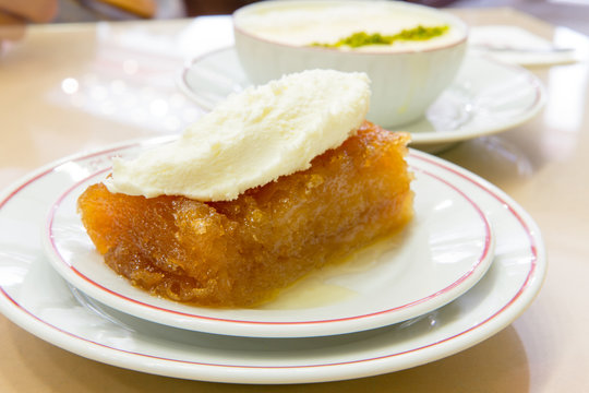 Turkish Dessert Ekmek Tatlisi with Sutlac