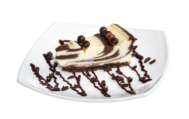 cheesecake with chocolate sauce.