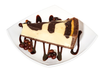 cheesecake with chocolate sauce.