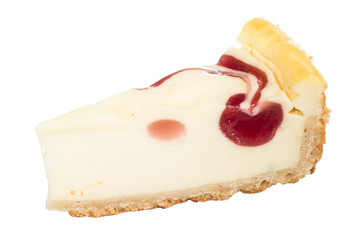 Closeup of a slice of cherry cheesecake on a white background