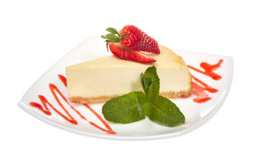 a piece of strawberry cheesecake on whit