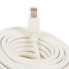 Close-up of a white RJ45 network plug