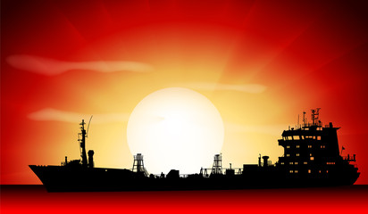 Vector silhouette of the tanker ship on sunrise
