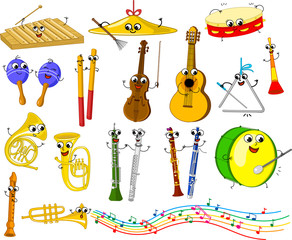 Set of funny cartoon musical instruments for kids