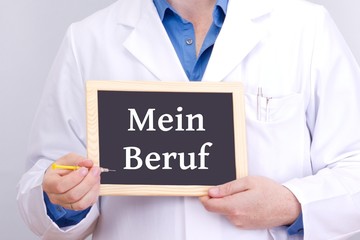Doctor shows information on blackboard: my profession