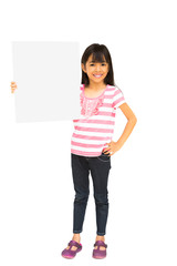 Smiling asian little girl holding blank sign