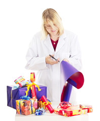 Person packaging some colorful gifts