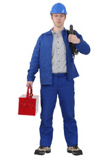 Electrician carrying cable and tool box