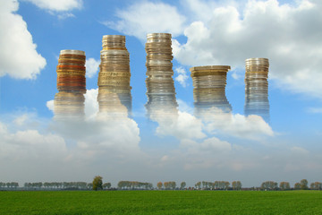 Stakes of Coins over a Green Field - obrazy, fototapety, plakaty