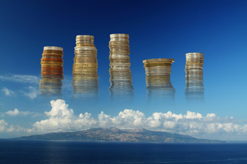 Stakes of Coins against Seascape - obrazy, fototapety, plakaty