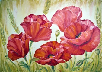 Fotobehang Poppies in wheat , oil painting on canvas © Valenty