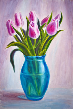 Still life with tulips, oil painting on canvas