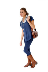 Shopping girl holding credit card, isolated