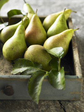 Fresh pears in old wooden drawer