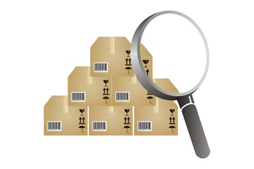 boxes and magnifying glass to find inventory analyzing