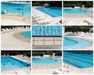 nine images of a swimming pool and white sunbeds without people