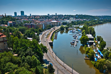 Cityscape of Prague with Vltava river seen from Vysehrad hill.