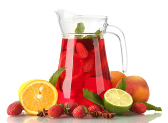 sangria in jar with fruits, isolated on white