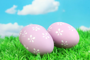 Colorful easter eggs on grass