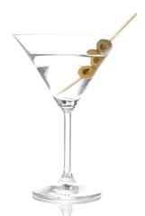 Martini glass and olives isolated on white