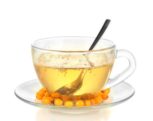 buckthorn broth in a glass cup isolated on white