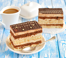 Chocolate cake on a blue table
