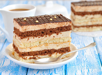Chocolate cake on a blue table