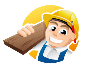 Illustration of a happy carpenter wearing hard hat and overalls