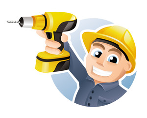 Construction worker wearing hard hat and carrying a drill