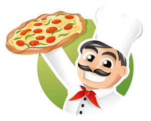 Italian chef presenting a freshly baked pizza