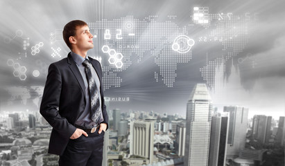 Businessman agaisnt virtual background