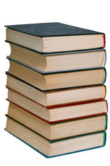 Pile of old books on a white background.