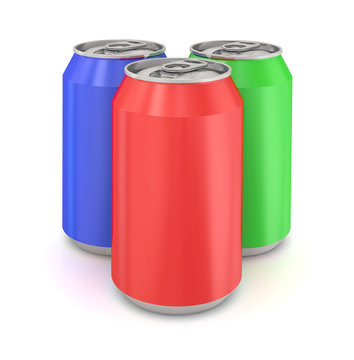 Colorful aluminum cans over white background
