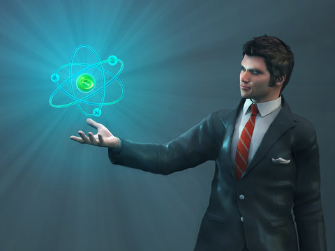 man holding glowing atom