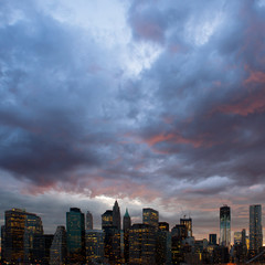 Panoramic shot of Manhattan skyline from the Brooklyn bridge 
