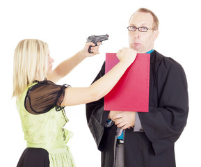 Young woman hold a lawyer at gunpoint