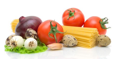 vegetables, eggs, spaghetti on a white background