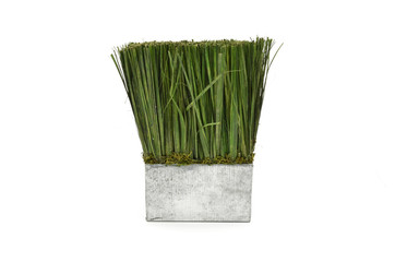 metal vase with artificial grass, decoration