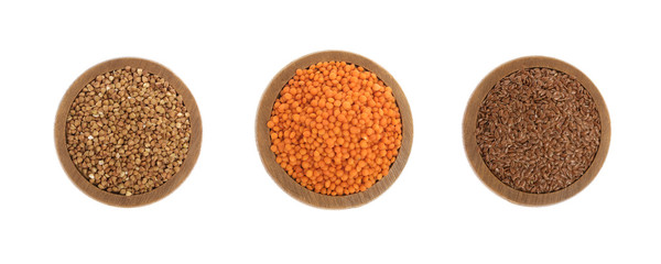 Buckwheat, Red Lentils and Flax Seeds Isolated on White