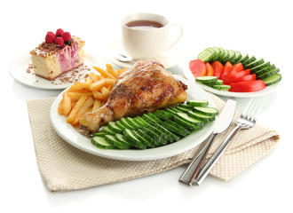 Roast chicken cutlet with boiled potatoes and  vegetables, cup